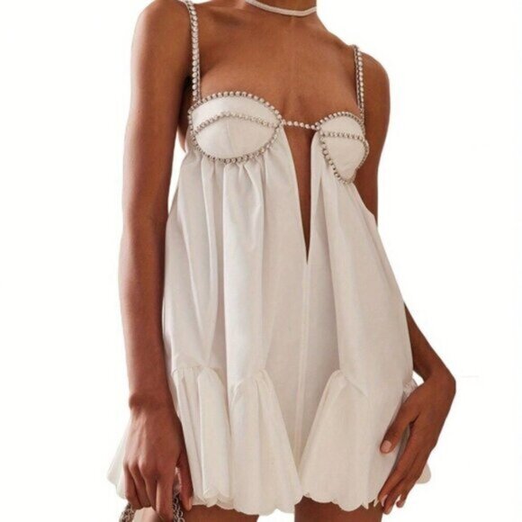 White Casual Women's Spaghetti Strap Rhinestone Cutout Mini A-Line Dress - Picture 1 of 10